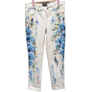 A.Z.I Women's White Straight Leg Jeans Size 8 Cotton Paint Art Pockets